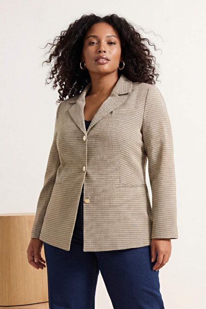 Trendyol Curve Πολύχρωμο καρό/καρέ υφαντό μπουφάν μεγάλου μεγέθους με ρυθμιζό...