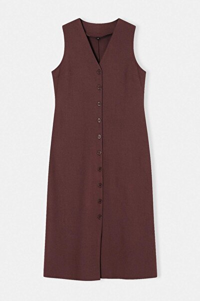 Συλλογή Trendyol Καφέ ίσιο φόρεμα μίντι με κουμπιά Υφαντό TWOSS25EL00651