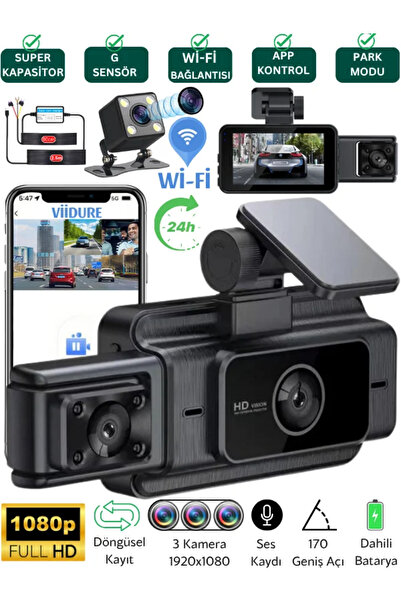 SONREİR S-15 WiFi Full HD 3 Kameralı Araç İçi Güvenlik Kamerası + Park Modu K...