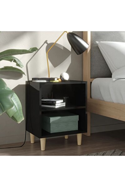 Concept Comodă TV, picioare lemn masiv, negru extralucios, 40x30x50 cm