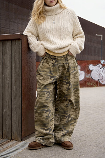 september island Jordan Haki Kamuflaj Balon Oversize Belden Ayarlamalı Uzun P...