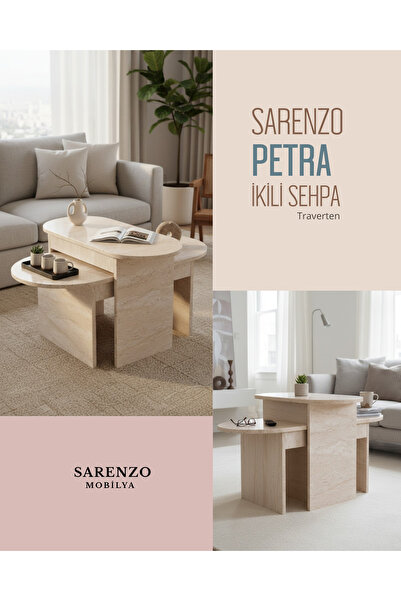 Sarenzo Orta Sehpa Yan Sehpa 2'Li Traverten