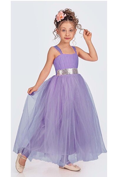 s.t. sebat tekstil Satin Gipeli, Long Tulle Skirted Girls' Evening Dress Lila