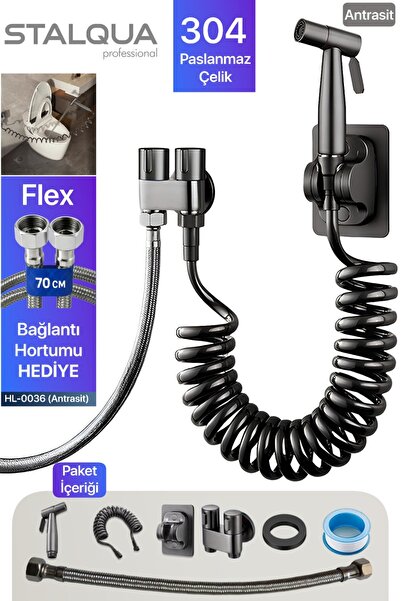 OEM Banyo Bide Basınçlı Püskürtücü Taharet Musluğu Klozet Hortumu Antrasit+Çi...