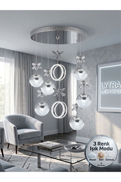 Lytra Lighting Luxe Model 8'li Gümüş 3 Renk Modu Ledli Kristal Taşlı Modern S...