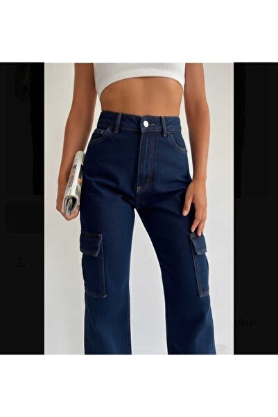 Lixera Extra High Waist Dark Blue Lycra Cargo Pocket Palazzo Wide Leg Jeans