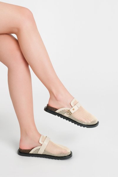 LONDON&LONDON Women's Beige Mesh Detailed Buckled Daily Mule Slipper Orthopedic Sole Lightweight Summer Style