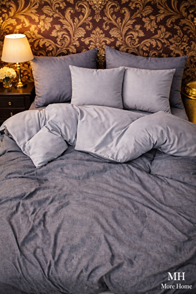 MORE HOME غطاء لحاف مزدوج + غطاء وسادة باللون الرمادي الفحمي
