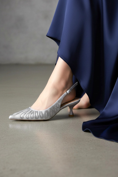 TUNAELLİ Women's Lamé Stone-Embellished Satin Short-Heel Shoes with Pointed T...