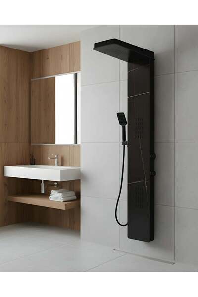 Olivy Panou de duș din marmură neagră – Design premium cu duș fix, hidromasaj...