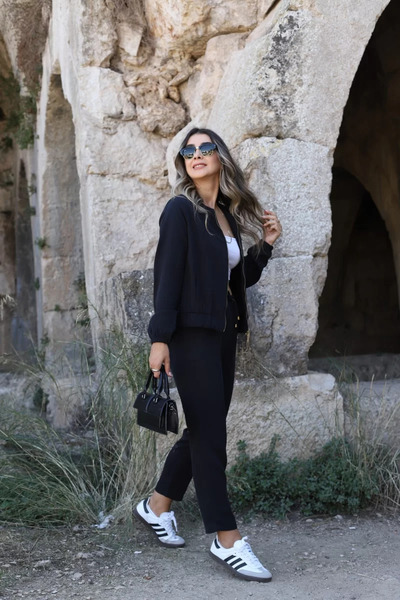 bytugcekaya Set pantaloni jachetă neagră cu fermoar