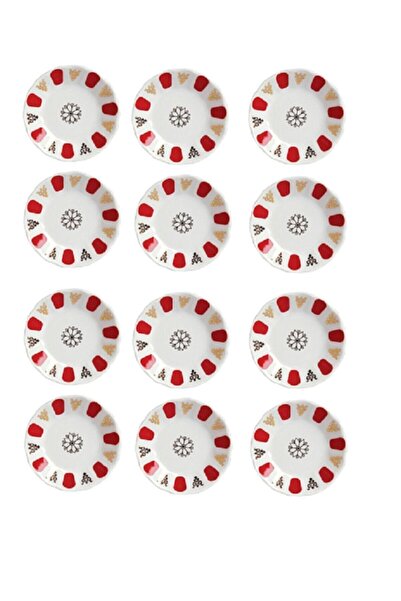 Porland Porselen Kırmızı Beyaz Kahveci Otantik Çay Tabağı 12'li Geniş Taban