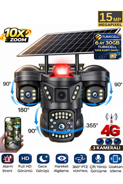 SONREİR RX66G 3 Kameralı 4G Sim Kartlı Solar Güvenlik Kamerası Dış Mekan Gece...