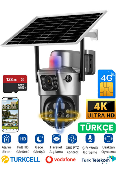 SONREİR SIM735 Solar Güvenlik Kamerası Türkçe 4G Sim Kartlı PTZ Hareketli Gec...