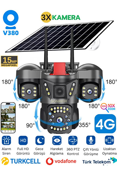 SONREİR RXG 3 Kameralı Solar Güvenlik Kamerası 4G Sim Kartlı PTZ Hareketli Ge...