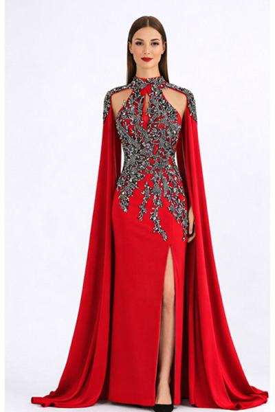 Zeyn KADIN ABİYE TAŞ VE BONCUK İŞLEMELİ YIRTMAÇLI PELERİNLİ UZUN KINA ELBİSESİ