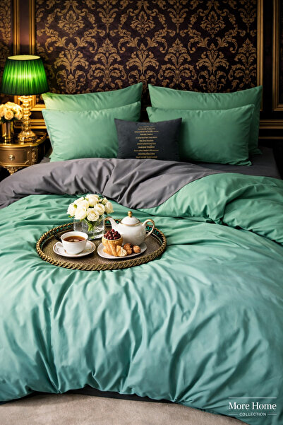 MORE HOME طقم غطاء لحاف مفرد مع ملاءة مطاطية باللون الأخضر-أنثراسيت