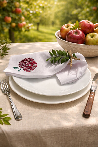 desicap 6’lı Kumaş Peçete 34x34 cm Taşlı Elma Desenli Beyaz – Nişan & Davet S...