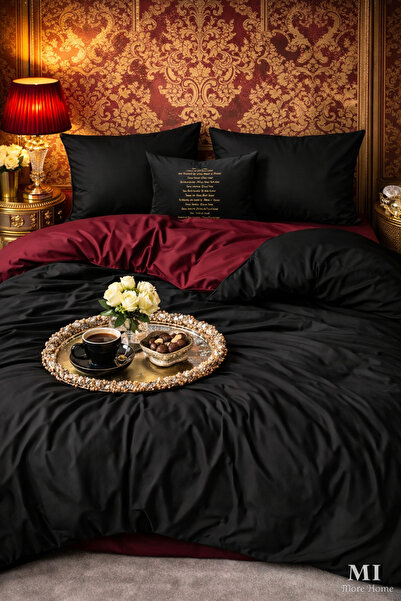 MORE HOME طقم غطاء لحاف مفرد مطاطي باللون الأسود-البورجوندي