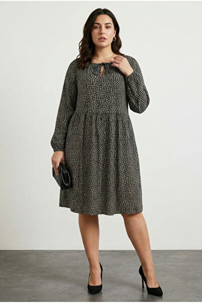 Stil Diva Plus Size Lapel Detail Long Sleeve Abstract Pattern Midi Dress 100-74