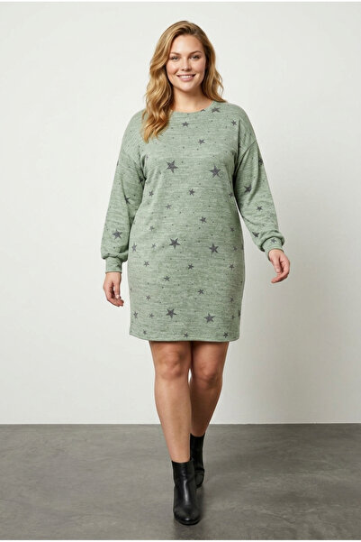 Stil Diva فستان قابل للتمدد بأكمام طويلة ورقبة دائرية وطبعة نجمة مقاس كبير 84...