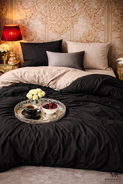MORE HOME غطاء لحاف فردي + غطاء وسادة (بدون ملاءة) أسود-بيج