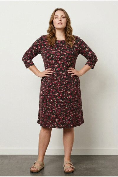 Stil Diva Rochie de mărime mare, cu decolteu rotund, cu imprimeu floral burgu...