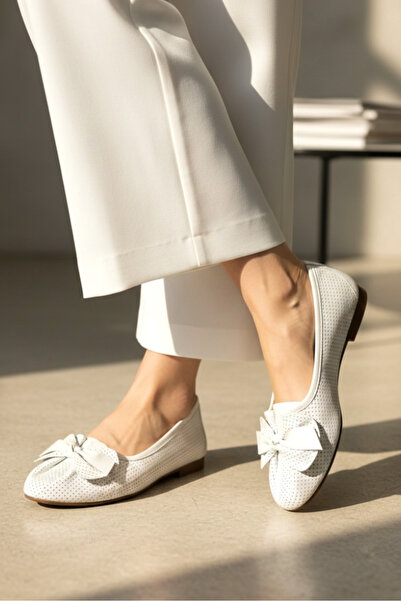 TUNAELLİ Women's White Leather Ballerinas