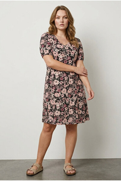 Stil Diva Plus Size V-Neck Short Sleeve Floral Pattern Mini Lycra Viscose Dre...