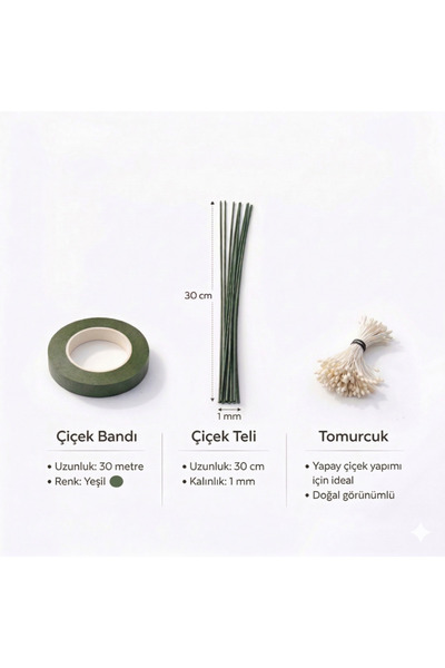Hobialem Çiçek Yapım Seti – 3’lü Paket (40 METRE ÇİÇEK BANDI , 1 DEMET TOMURCUK ,10 ADET ÇİÇEK TELİ ) Şönil