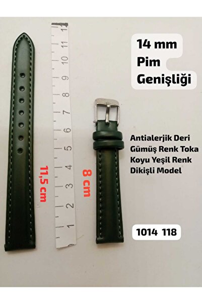 Brality 14 mm Uyumlu Kol Saati Kordonu - KOYU YEŞİL Renk Düz Dikişli Model- (...