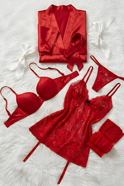ZENCHES Set de zestre pentru femei, în cutie roșie, 6 piese, halat din satin,...