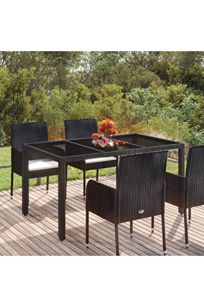 Concept Masă grădină cu blat din sticlă, negru, 150x90x75 cm, poliratan