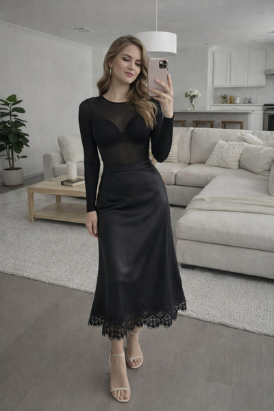 SARA Kadın Siyah Saten Midi Etek Dantel Detaylı Yüksek BelSaten A-Kesim (Yarı...