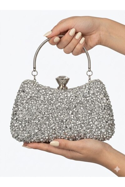 çantamgelsin γυναικεία τσάντα βραδινού φορέματος από ασημί κρύσταλλο με μεγάλ...