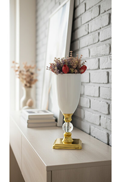 Decodelight مزهرية بيضاء حديثة مزخرفة بأرجل مربعة من حجر الكريستال الذهبي ودي...