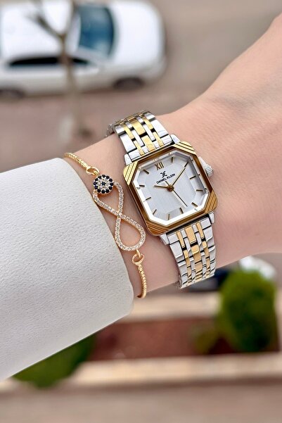 Daniel Klein ساعة يد نسائية مربعة الشكل مقاس 23 ملم مع سوار ذهبي رمادي اللون ...