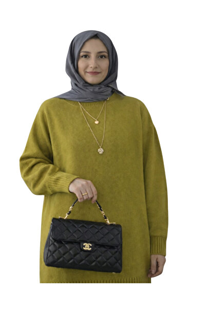 MODASPARK Yağ Yeşili Bisiklet Yaka Oversize Kadın Triko Kazak Tunik