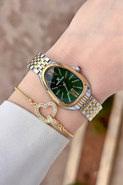 Daniel Klein ساعة يد نسائية بقرص أخضر ذهبي ورمادي اللون مقاس 25 ملم مع سوار ق...