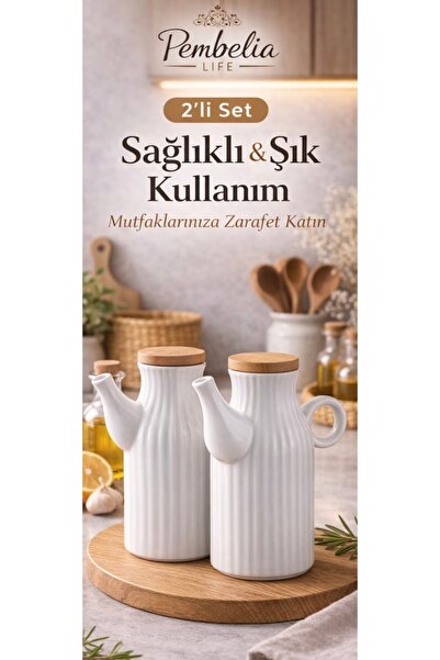 Kitchen Pembelia 2 Adet Bambu Kapaklı Beyaz Porselen 1000ml Yagdanlık-yağlık