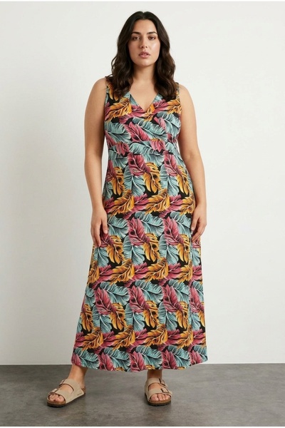 Stil Diva فستان ليكرا طويل بمقاس كبير وياقة على شكل V وأكمام صفرية مزخرفة 301902