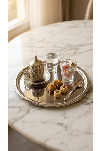 Marla Life Gümüş Aynalı Yuvarlak Dekoratif Sunum Tepsi - Şık Kahve Sunumluk &...