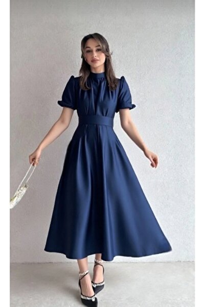 Sheeny Nil Lacivert Kloş Etek Saten Midi Boy Abiye Elbise