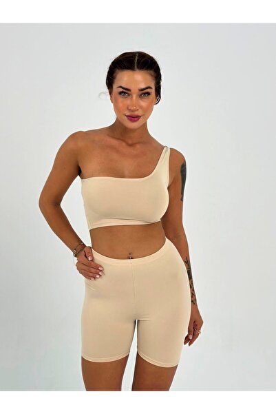 Maison La Femme طقم شورت قصير بكتف واحد باللون البيج للنساء