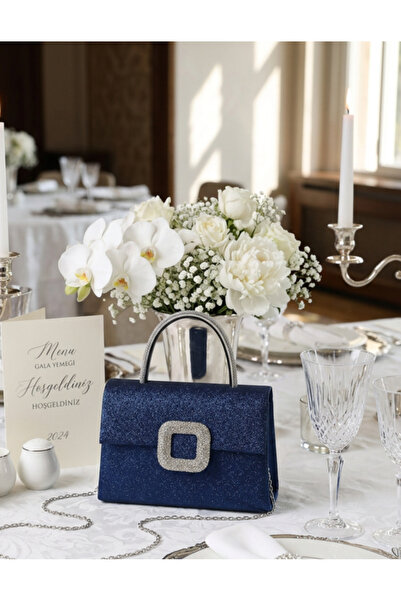 Çanta Trend Women's Navy Blue Glitter Handle Detailed Chain Strap Evening Bag