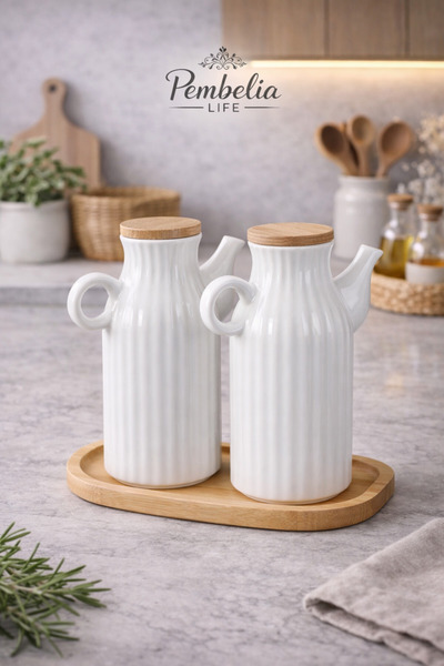 Pembelia Life 2 Adet 1 Lt Porselen Yağdanlık Ve Bambu Altlık Seti-yağlık Sirk...