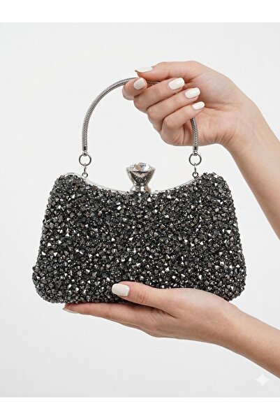 çantamgelsin Γυναικεία βραδινή τσάντα από ανθρακί με μεγάλες κρυστάλλινες πέτ...