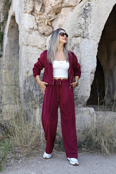 bytugcekaya Σετ με φερμουάρ από λεπτό βελούδο μπορντό