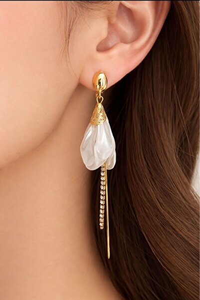 Goche New Pearl-Look Flower Design Zircon Stone Dangle Gold Stainless Steel W...