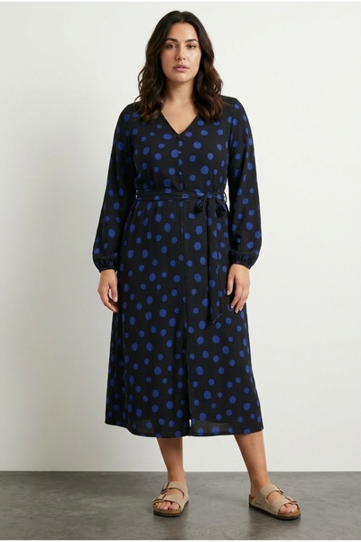 Stil Diva Μακρυμάνικο φόρεμα με λαιμόκοψη σε σχήμα V με ζώνη πουά 615816